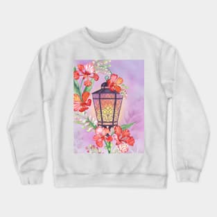 Old streetlight with tropical flowers decoration. Fairy spring garden watercolor illustration. Enchanted romantic scenery Crewneck Sweatshirt